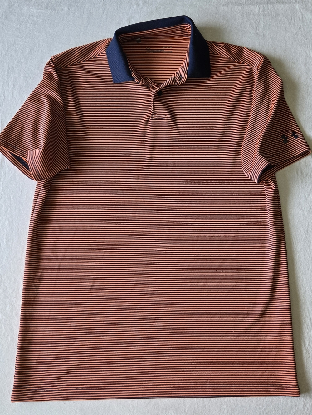 Under Armour Men's Striped Golf Polo Shirt Orange Navy Short Sleeve Size M